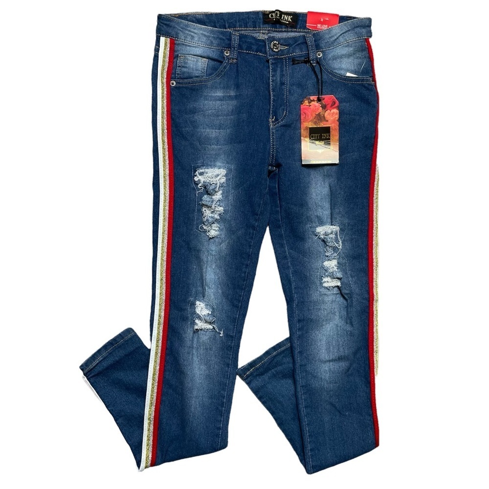 City ink skinny jeans distressed red gold side stripe size 9 NWT
